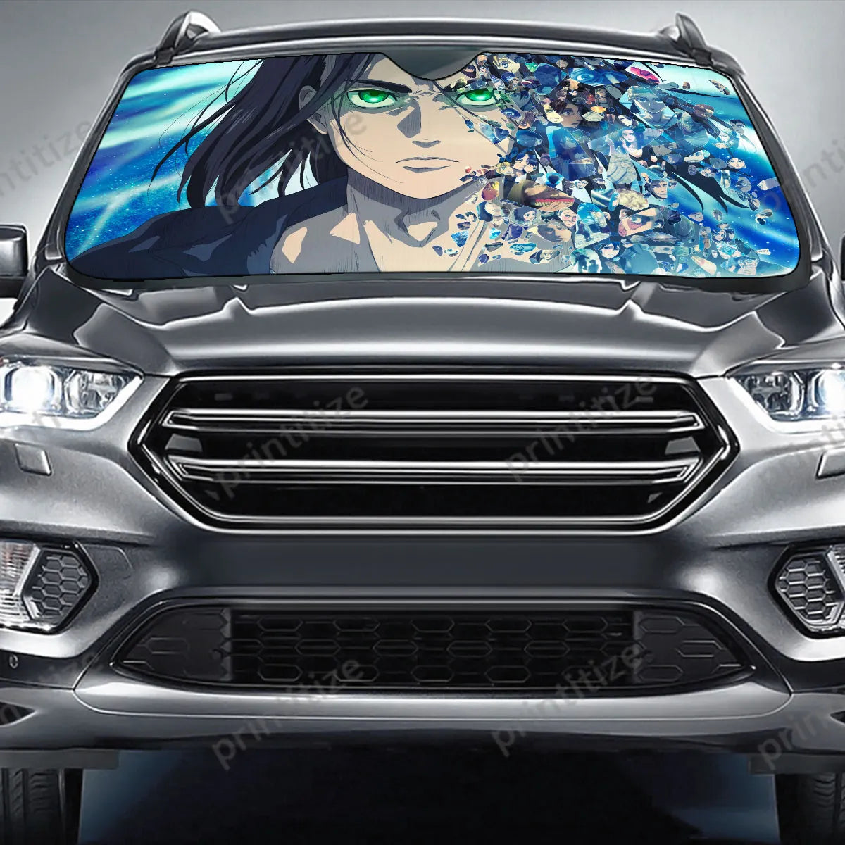 Attack On Titan Car Sun Shade Eren Yeager Shattered Graphic Winshield Sun Shade Blue