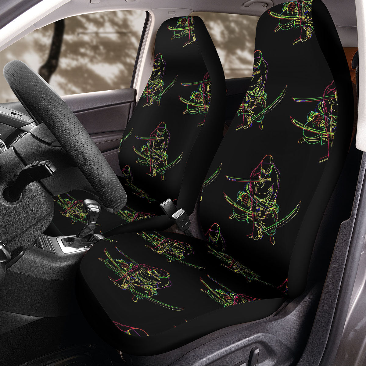 One Piece Car Seat Covers Roronoa Zoro Neon Light Pattern Seat Covers Black