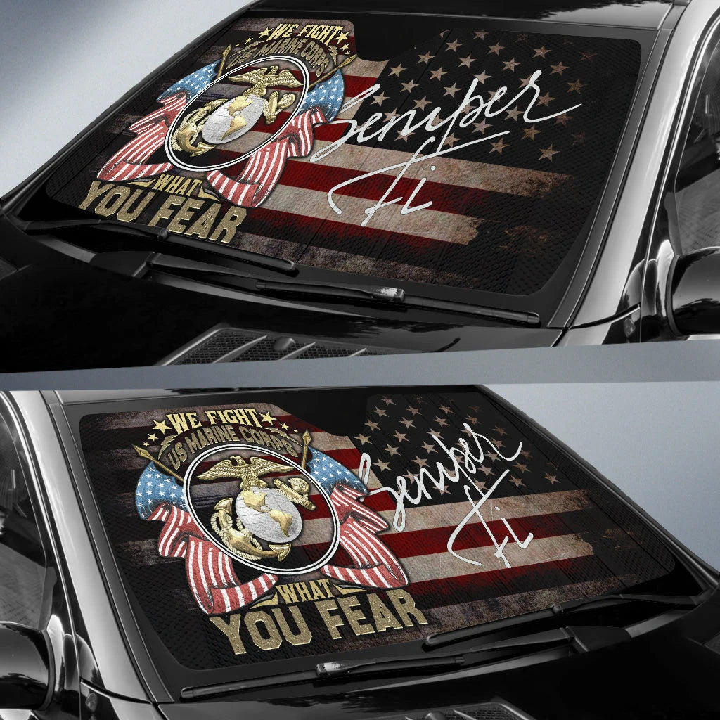 Veteran Car Sun Shade US Marine Corps We Fight What You Fear Winshield Sun Shade Brown Black