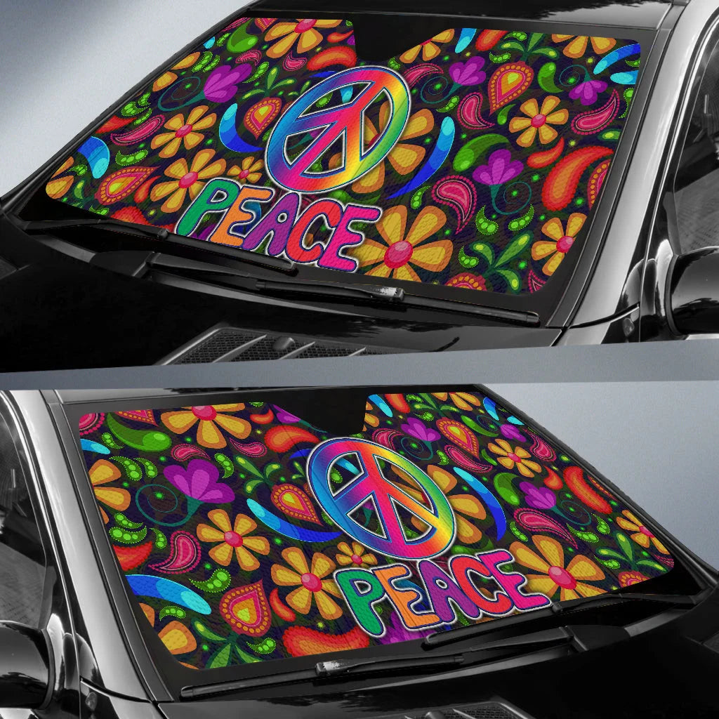 Hippie Car Sun Shade Hippie Peace Symbol Flower Pattern Winshield Sun Shade Colorful