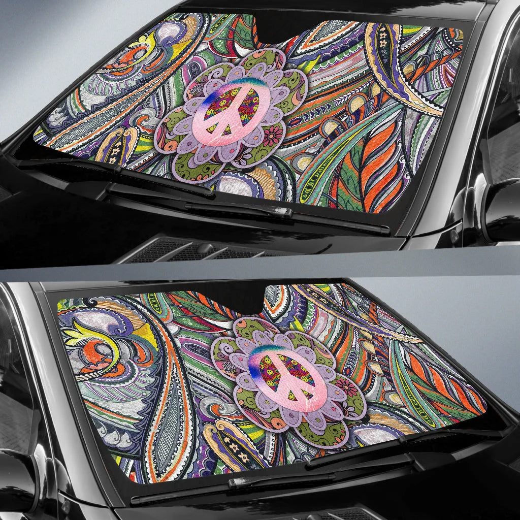 Hippie Car Sun Shade Peace Symbol Hippie Art Winshield Sun Shade Colorful