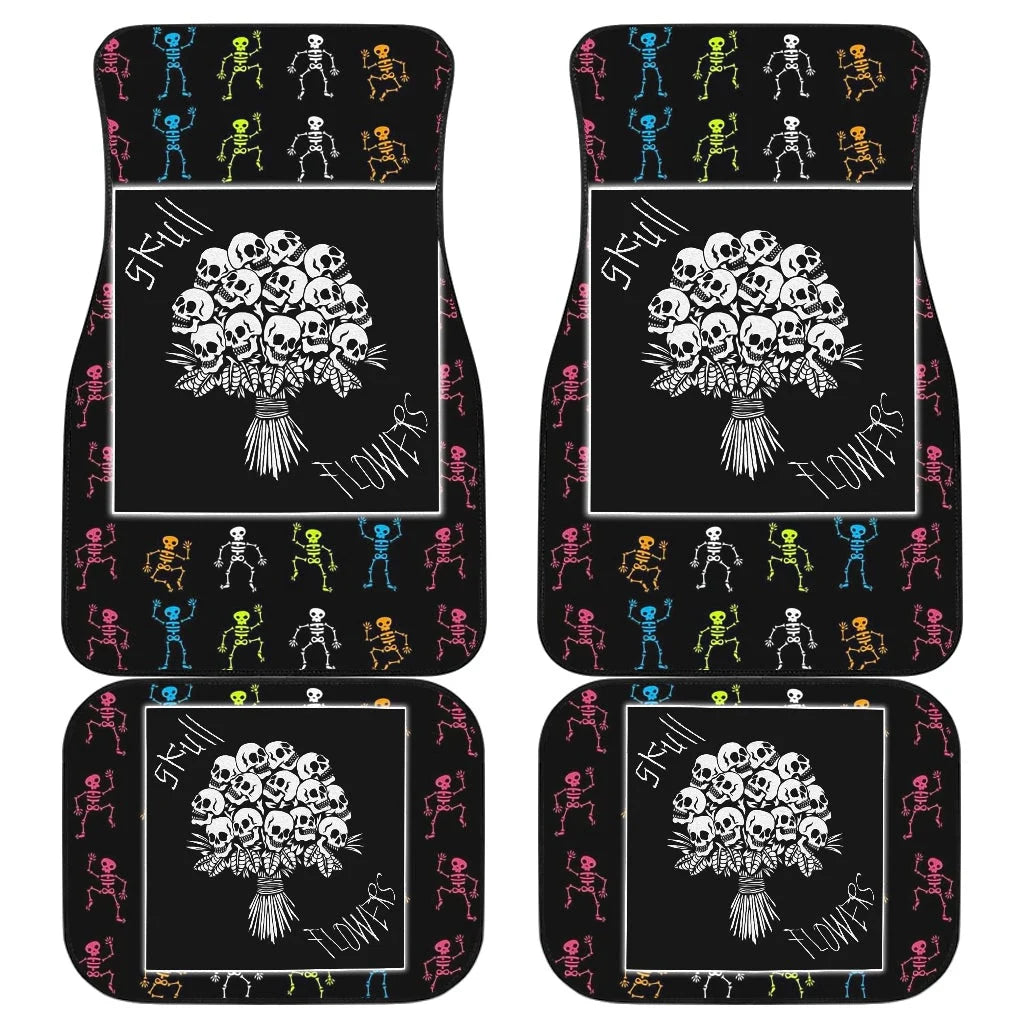 Halloween Car Mats Skeleton Flower Bouquet Tiny Patterns Car Floor Mats Brown White