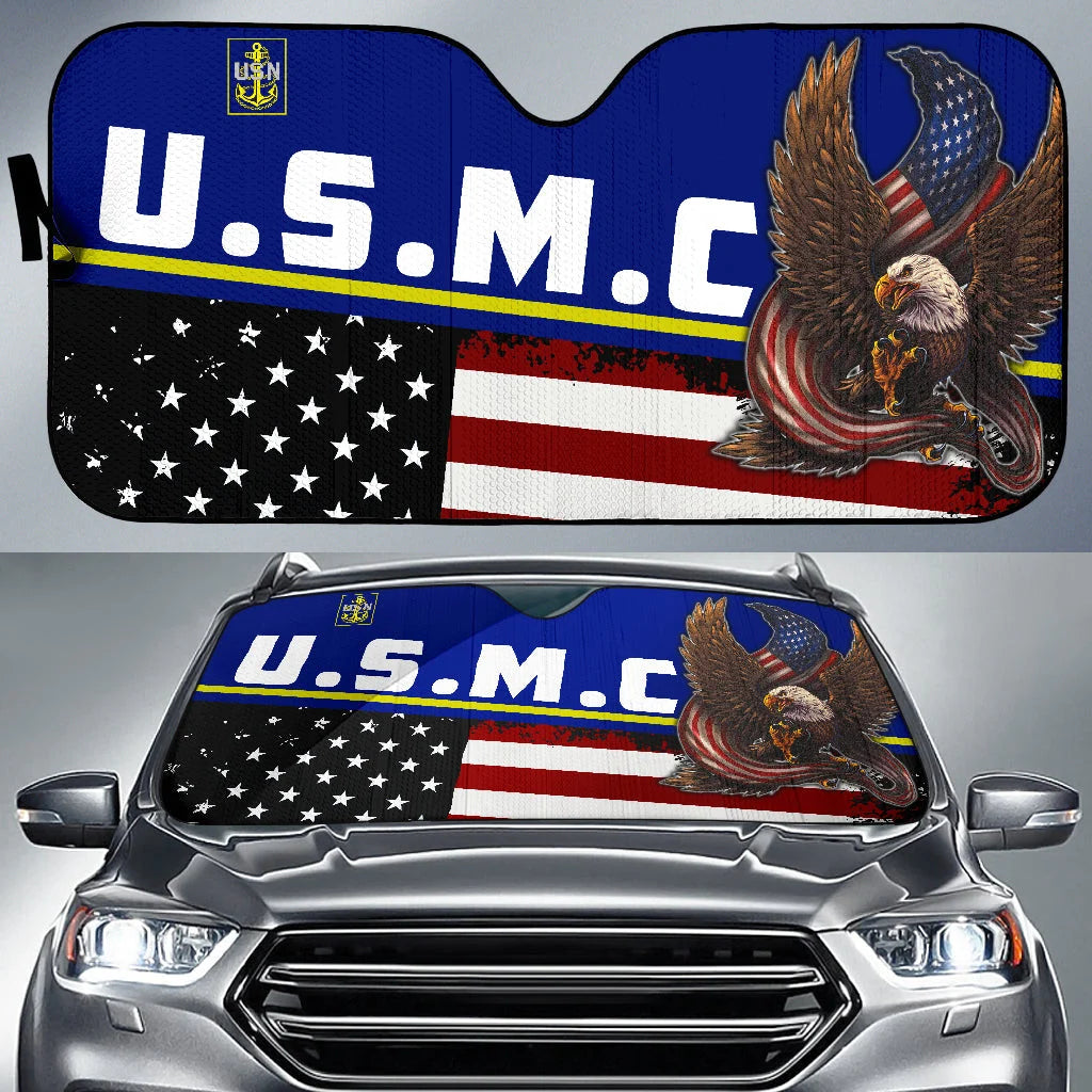 Veteran Car Sun Shade USMC American Flag Eagle Graphic Winshield Sun Shade Red Blue