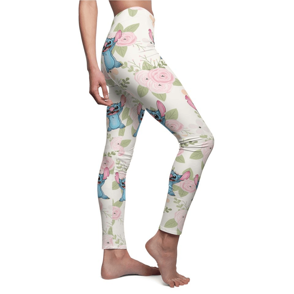 Stitch Leggings Cute Stitch And Rose Flower Pattern High Waisted Legging White For Women