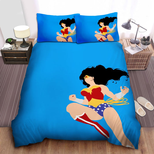 Wonder Woman Bedding Set DC Heroine Jumping Into The Battle Duvet Covers Blue Unique Gift