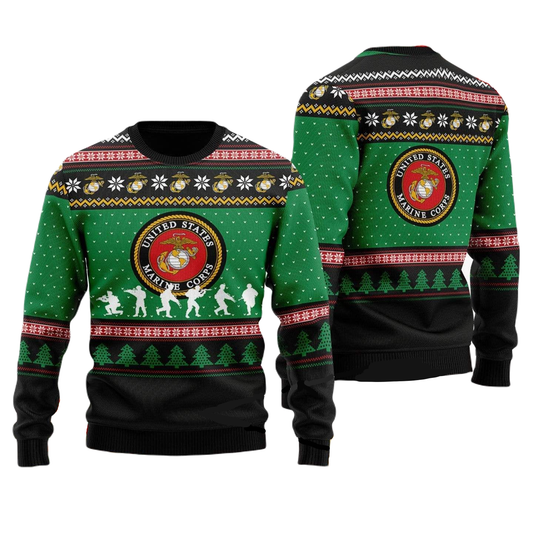 Unifinz Veteran Sweater US Marine Corps Seal Green Black Christmas Pattern Veteran Ugly Sweater 2023