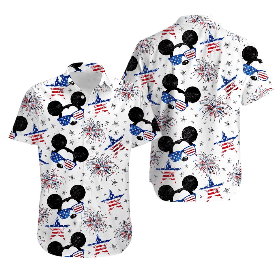 MM Hawaii Shirt DN Glasses MM Star American Flag Fireworks Hawaiian Shirt White Blue Unisex