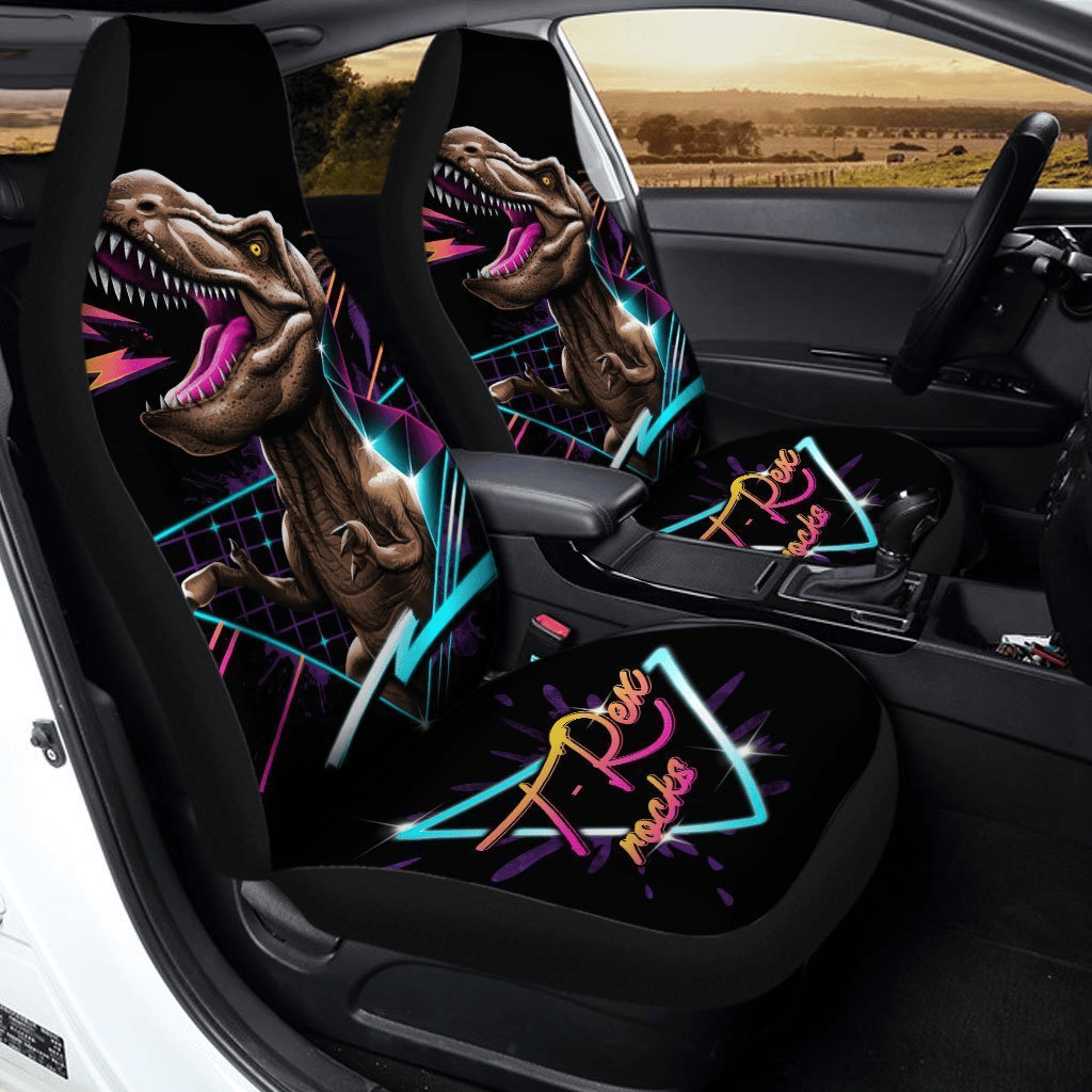 Dinosaur Car Seat Covers Retro T-Rex Rocks Graphic Seat Covers Black