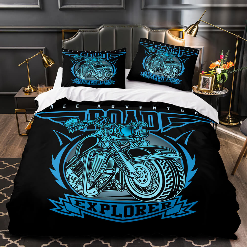 Motorcycle Bedding Set Free Adventure Road Explorer Duvet Covers Black Blue Unique Gift