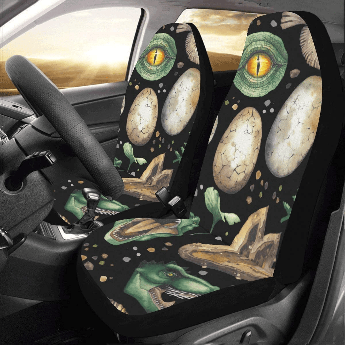Dinosaur Car Seat Covers Dinosaur Eyes Egg Footprint Pattern Seat Covers Black Green