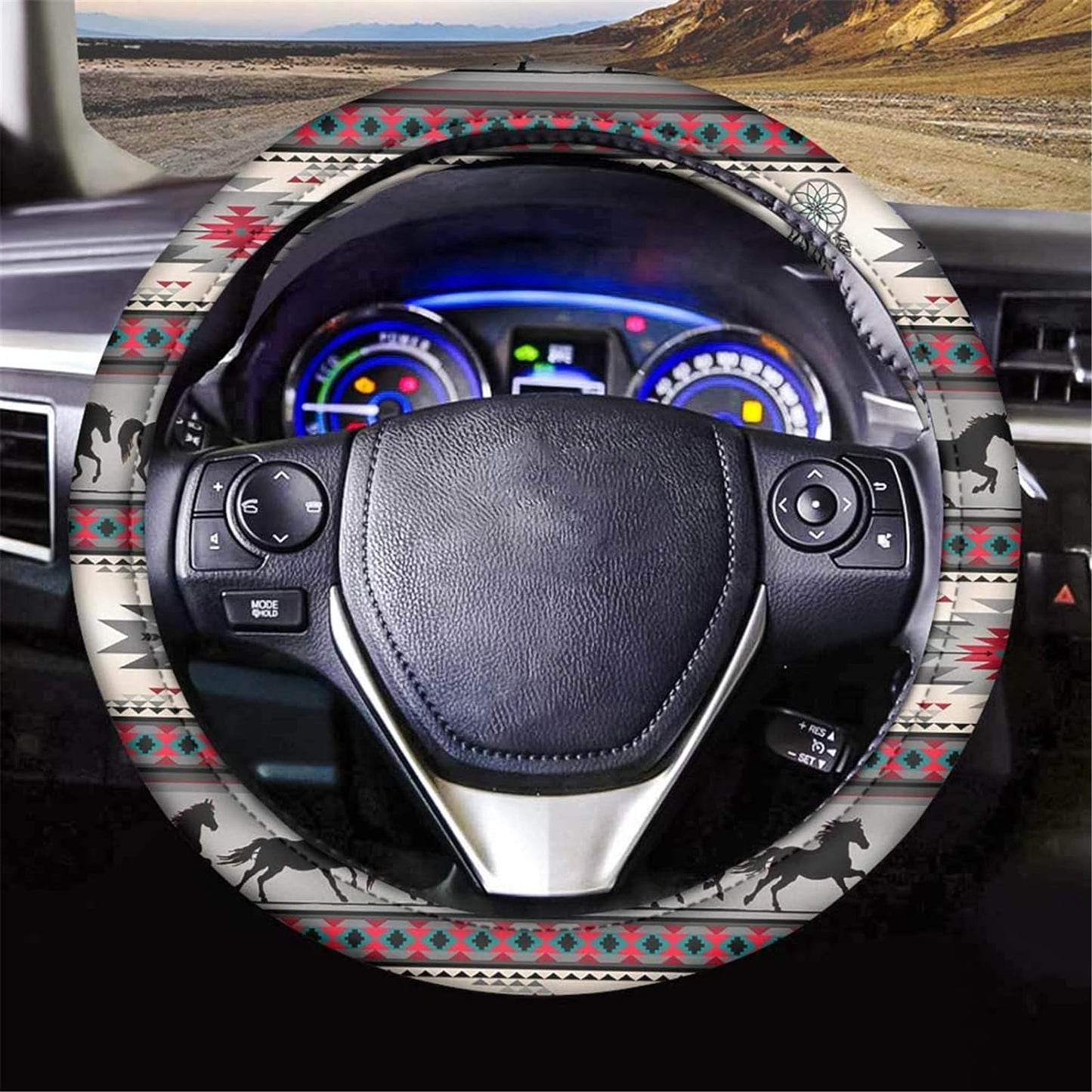 Native America Steering Wheel Cover Native American Horse Tribal Pattern Driving Wheel Cover White Gray