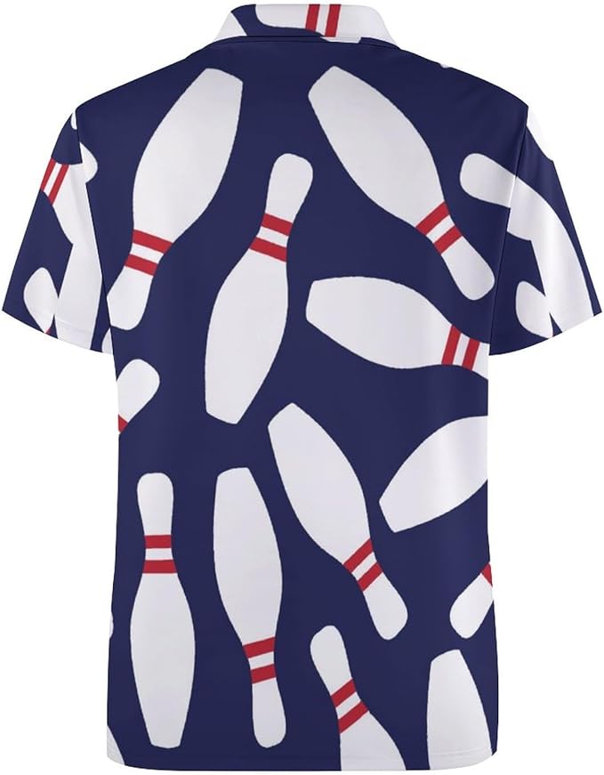 Bowling Polo Shirt Bowling Game Pins Pattern Boys Polo Shirts Blue White