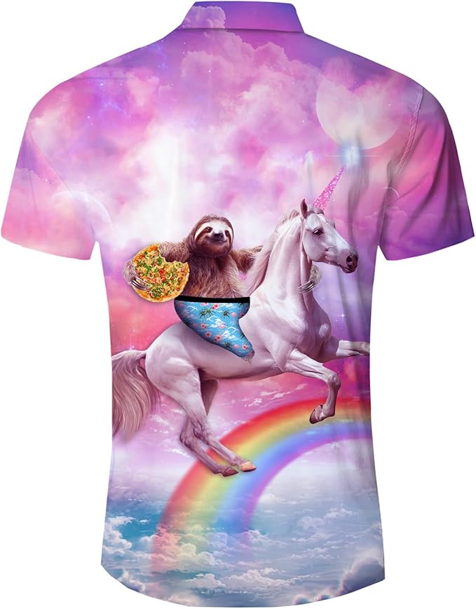 Funny Hawaii Shirt Sloth With Pizza Riding Unicorn Hawaiian Shirt Colorful Unisex