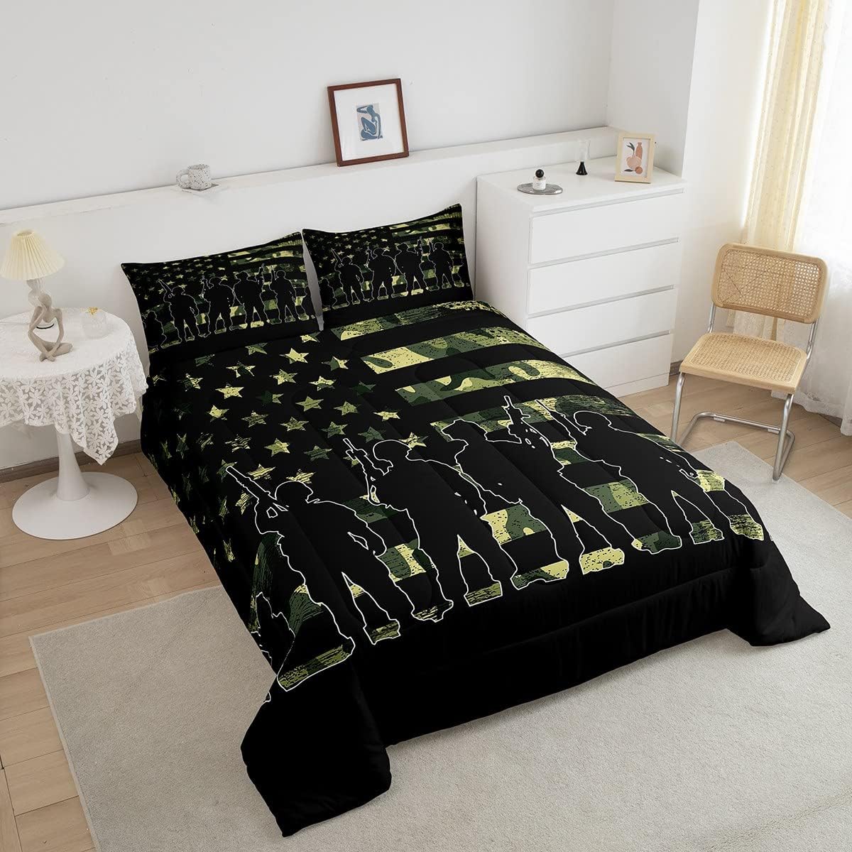 Veteran Bedding Set American Flag Soldiers Silhouette Camoflage Duvet Covers Black Green Unique Gift