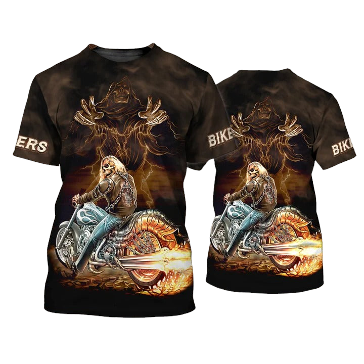 Motorcycle T-shirt Bikers Skeleton Skull Biker With Death T-shirt Brown Unisex