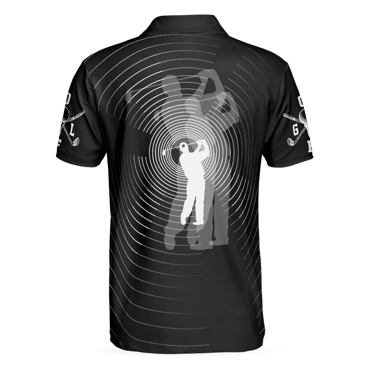 Golf Polo Shirt Gold Ball And Golfer Spiral Pattern Golf Shirts Black For Men