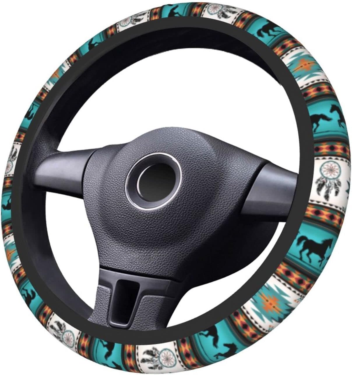 Native America Steering Wheel Cover Native American Tribal Horse Dreamcatcher Driving Wheel Cover White Blue