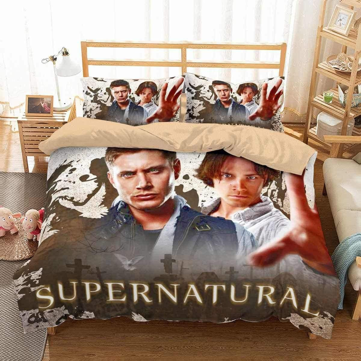Supernatural Bedding Set Supernatural Main Characters Pattern Duvet Covers Brown Unique Gift