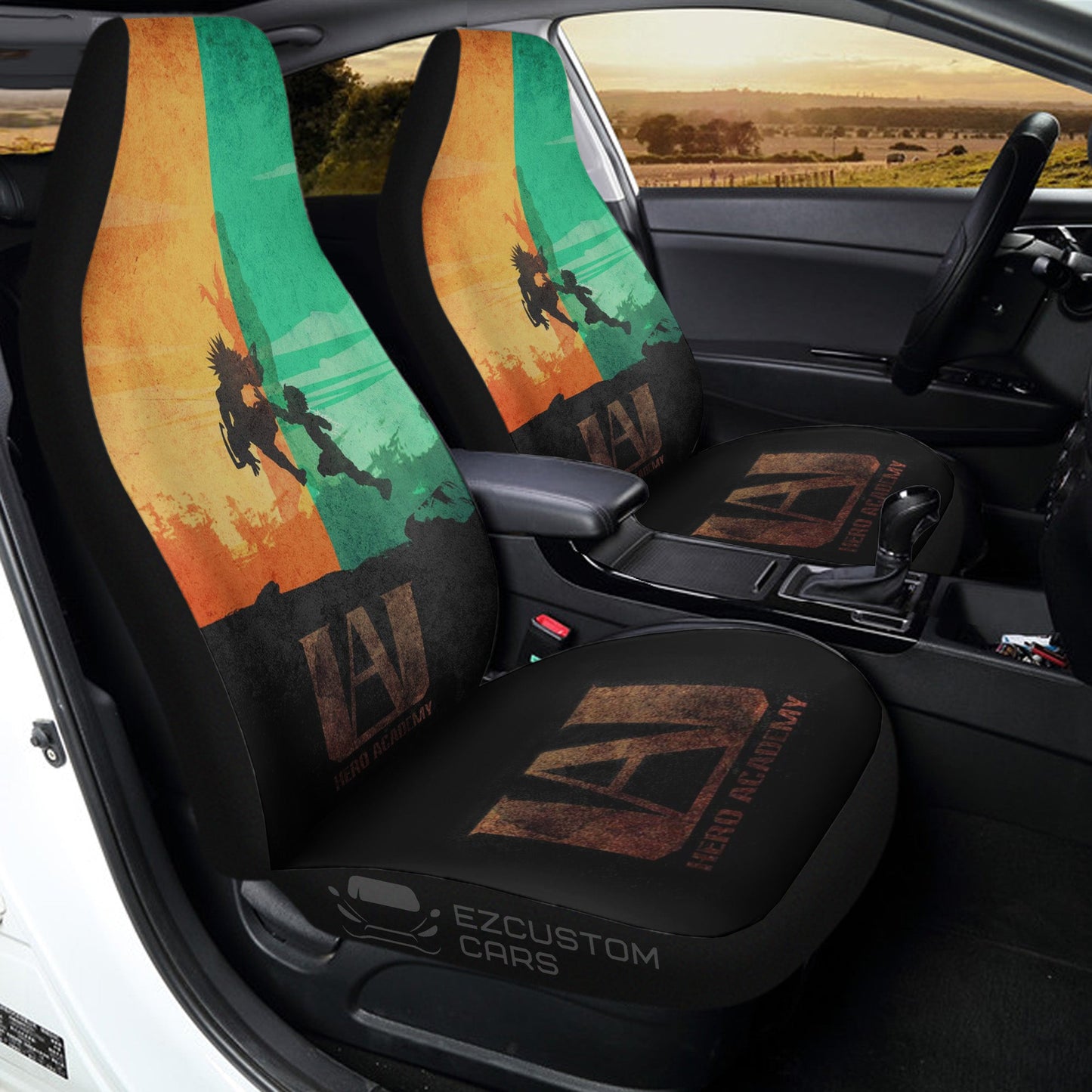 My Hero Academia Car Seat Covers Izuku And Bakugo Fighting Silhouette Seat Covers Orange Green