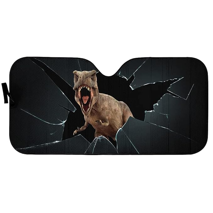 Dinosaur Car Sun Shade Tyrannosaurus Breaking Glass Graphic Winshield Sun Shade Black Brown