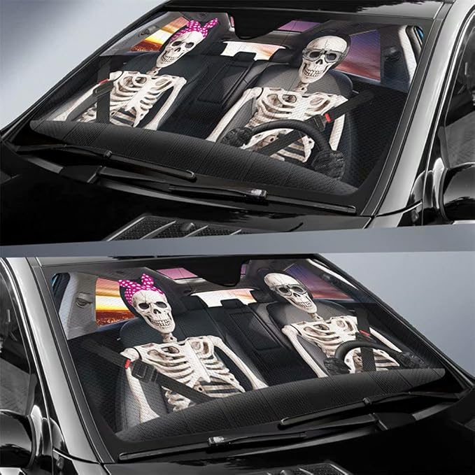 Skull Car Sun Shade Skull With Bow And Glasses Winshield Sun Shade Black White