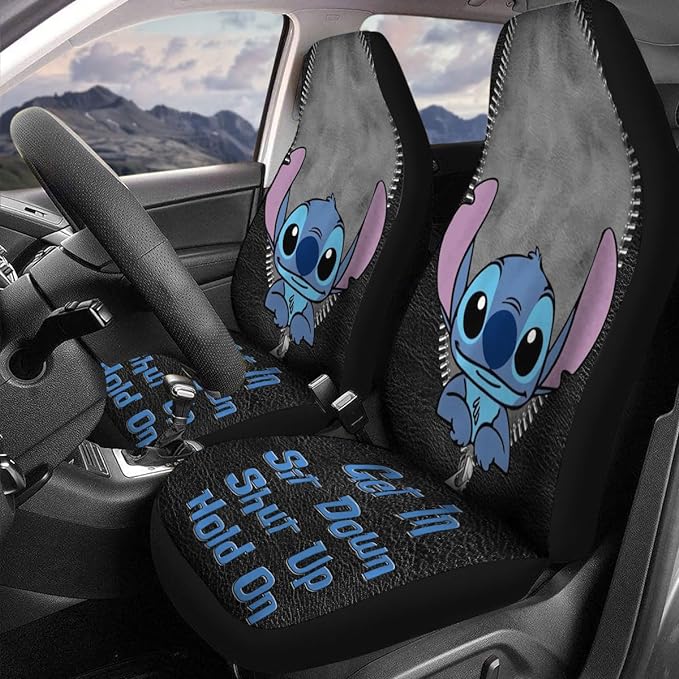 Stitch Car Seat Covers DN Stitch Get In Sit Down Shut Up Seat Covers Black Blue