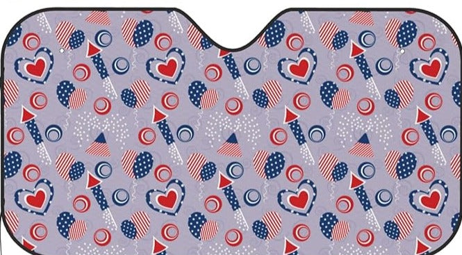 4th Of July Car Sun Shade Fireworks Balloon Heart Pattern Winshield Sun Shade Red Blue