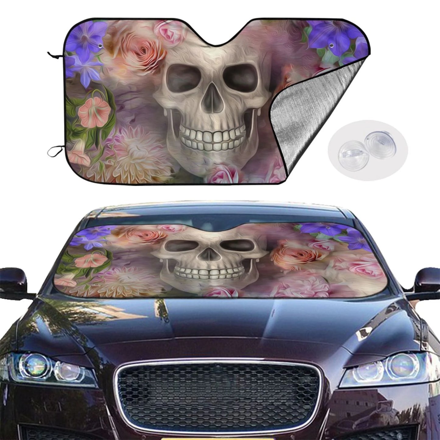 Skull Car Sun Shade Skull And Tropical Flower Winshield Sun Shade Colorful