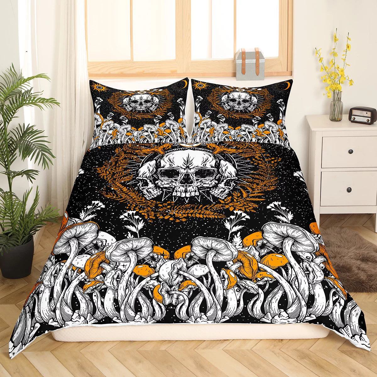 Mushroom Bedding Set Gothic Skull Mushroom Pattern Duvet Covers Black White Unique Gift