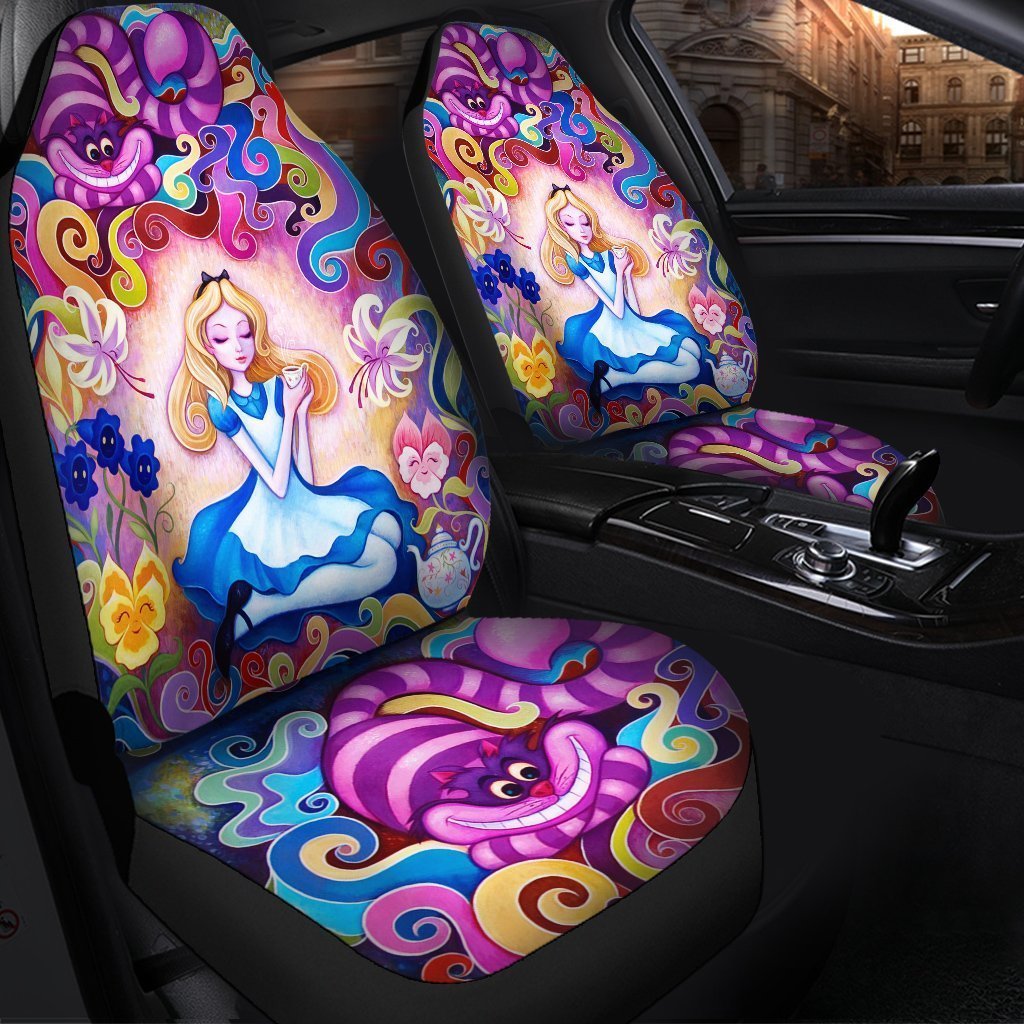 Alice In Wonderland Car Seat Covers DN Alice And Cheshire Cat Flower Pattern Seat Covers Colorful