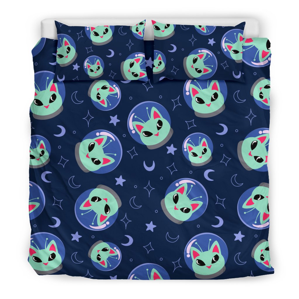 Alien Bedding Set Alien Cat Star Moon Pattern Duvet Covers Blue Unique Gift