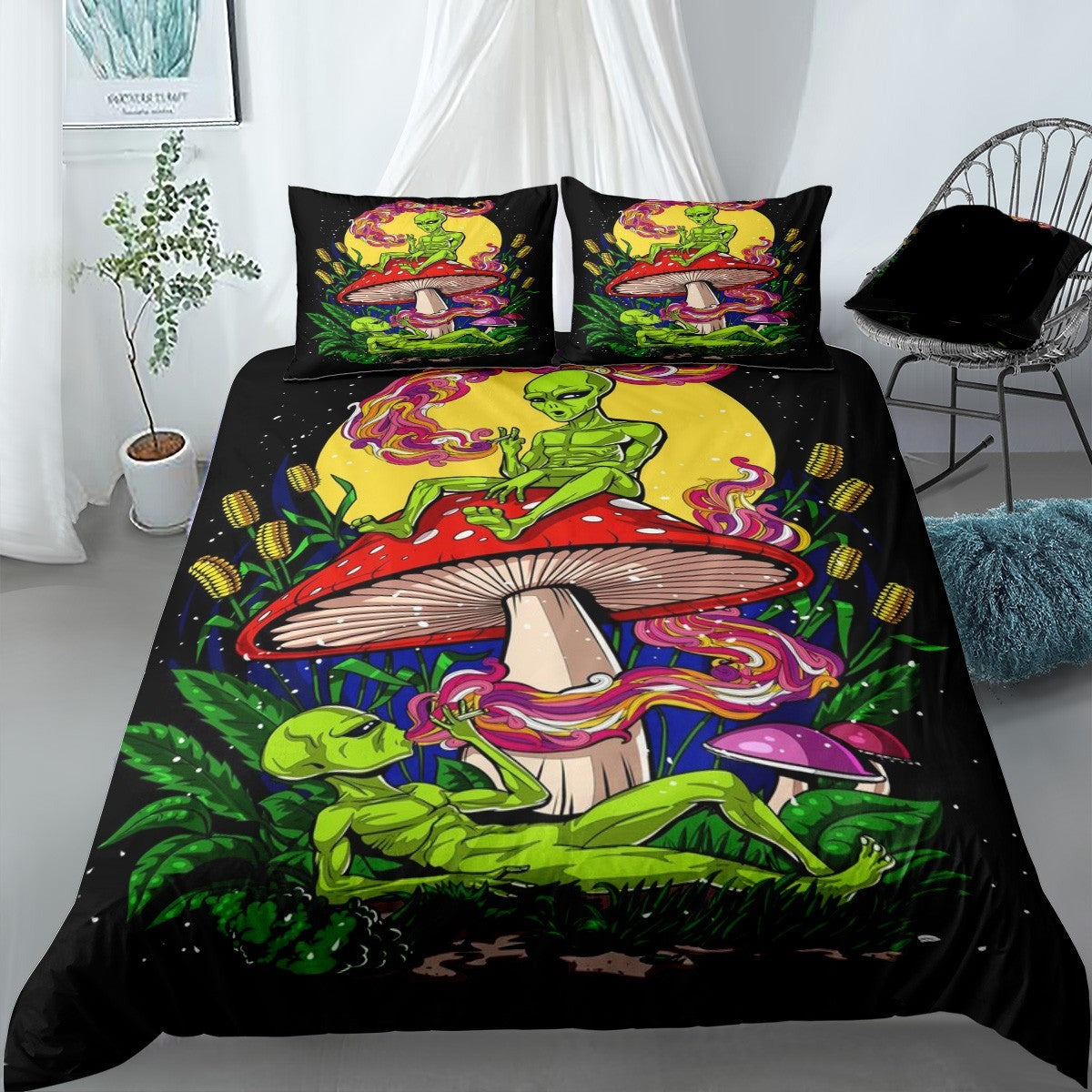 Alien Bedding Set Aliens Magic Mushroom Weed Duvet Covers Colorful Unique Gift