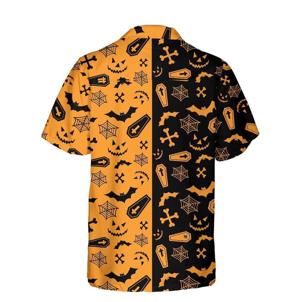 Halloween Hawaii Shirt Halloween Casket Bat Spiderweb Pattern Hawaiian Shirt Black Orange Unisex