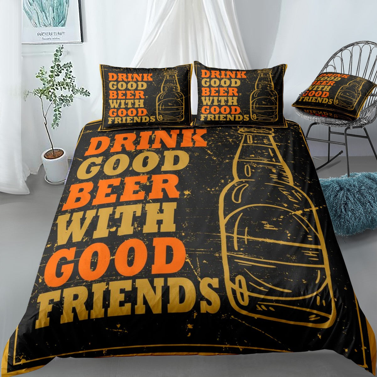 Beer Bedding Set Drink Good Beer With Good Friends Duvet Covers Black Unique Gift