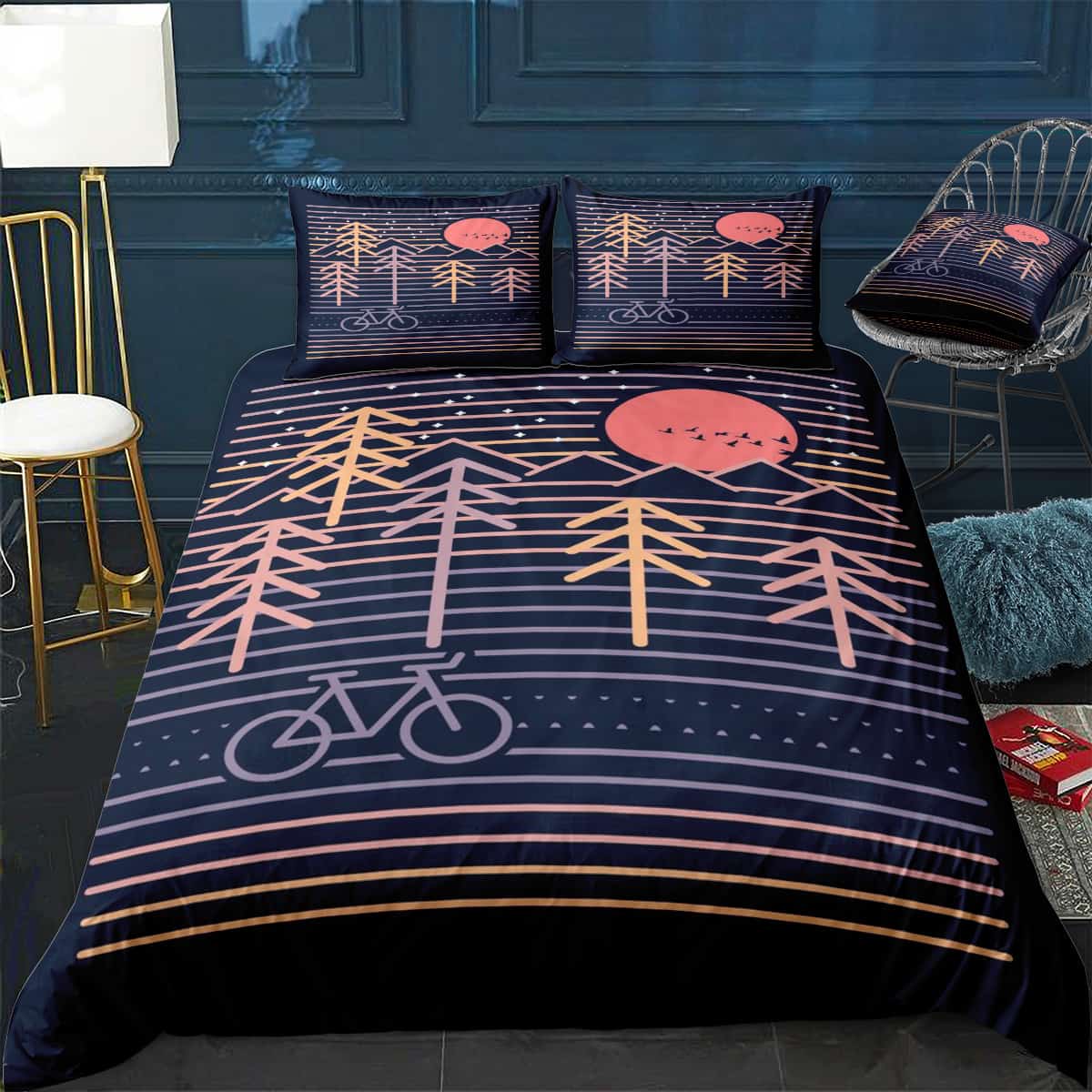 Bicycle Bedding Set Bike Mountain Tree Sun Duvet Covers Blue Unique Gift