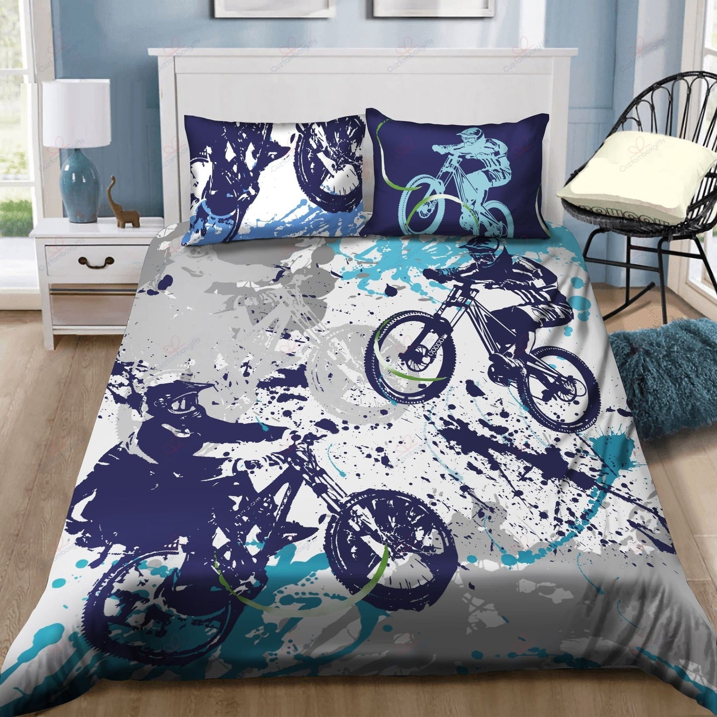 Bicycle Bedding Set Bike Racing Grunge Style Duvet Covers Blue Unique Gift