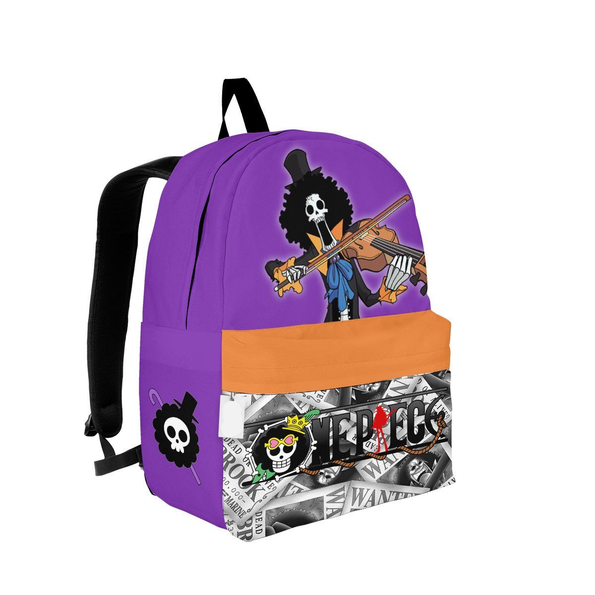 One Piece Backpack One Piece Brook Symbol Manga Pattern Backpacks Purple Orange