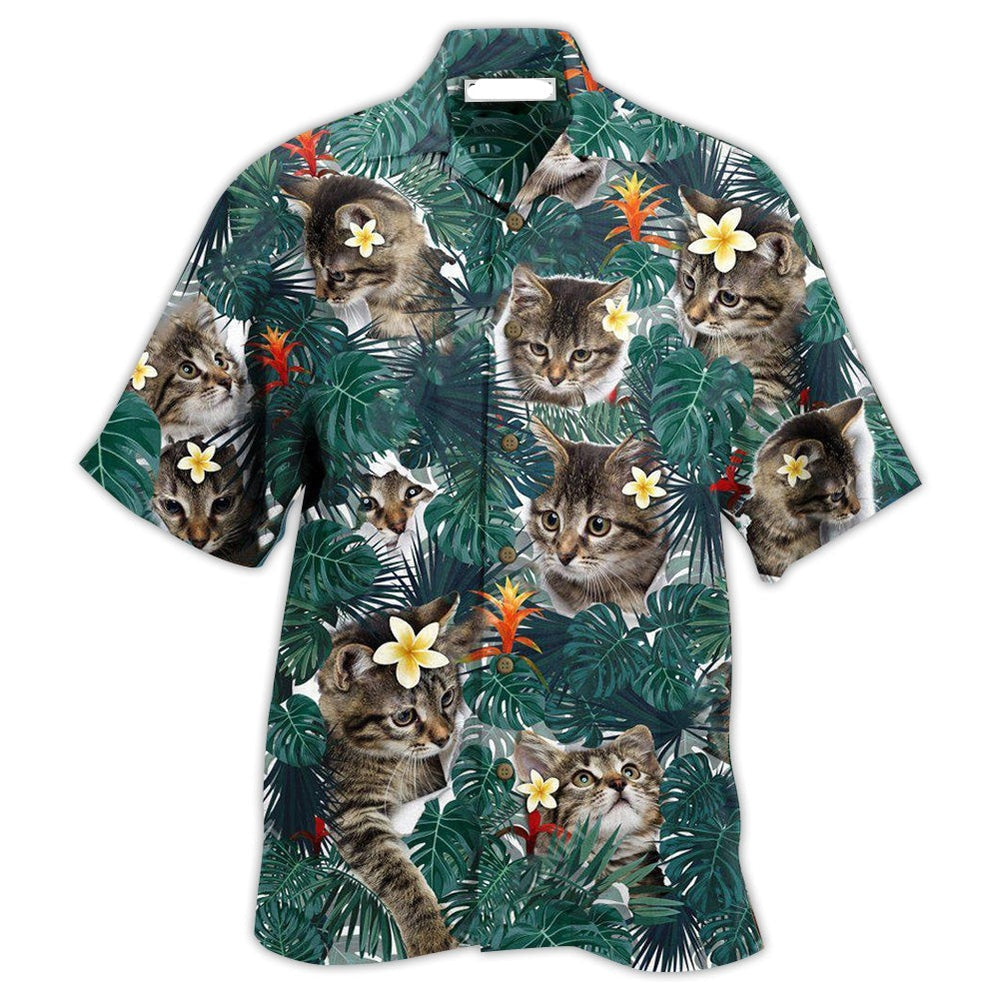 Cat Hawaii Shirt Cute Kitten Tropical Flower Pattern Hawaiian Shirt Green Unisex