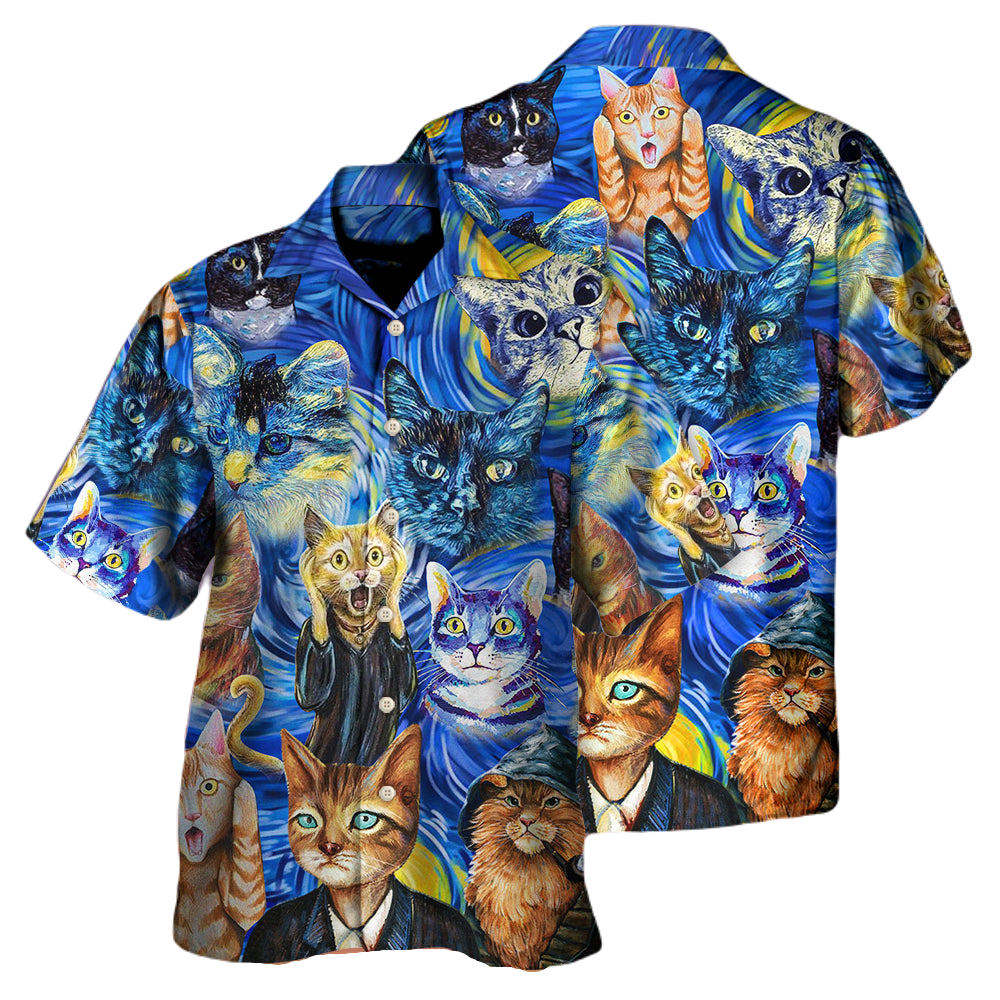 Cat Hawaii Shirt Cat Starry Night Funny Hawaiian Shirt Blue Unisex