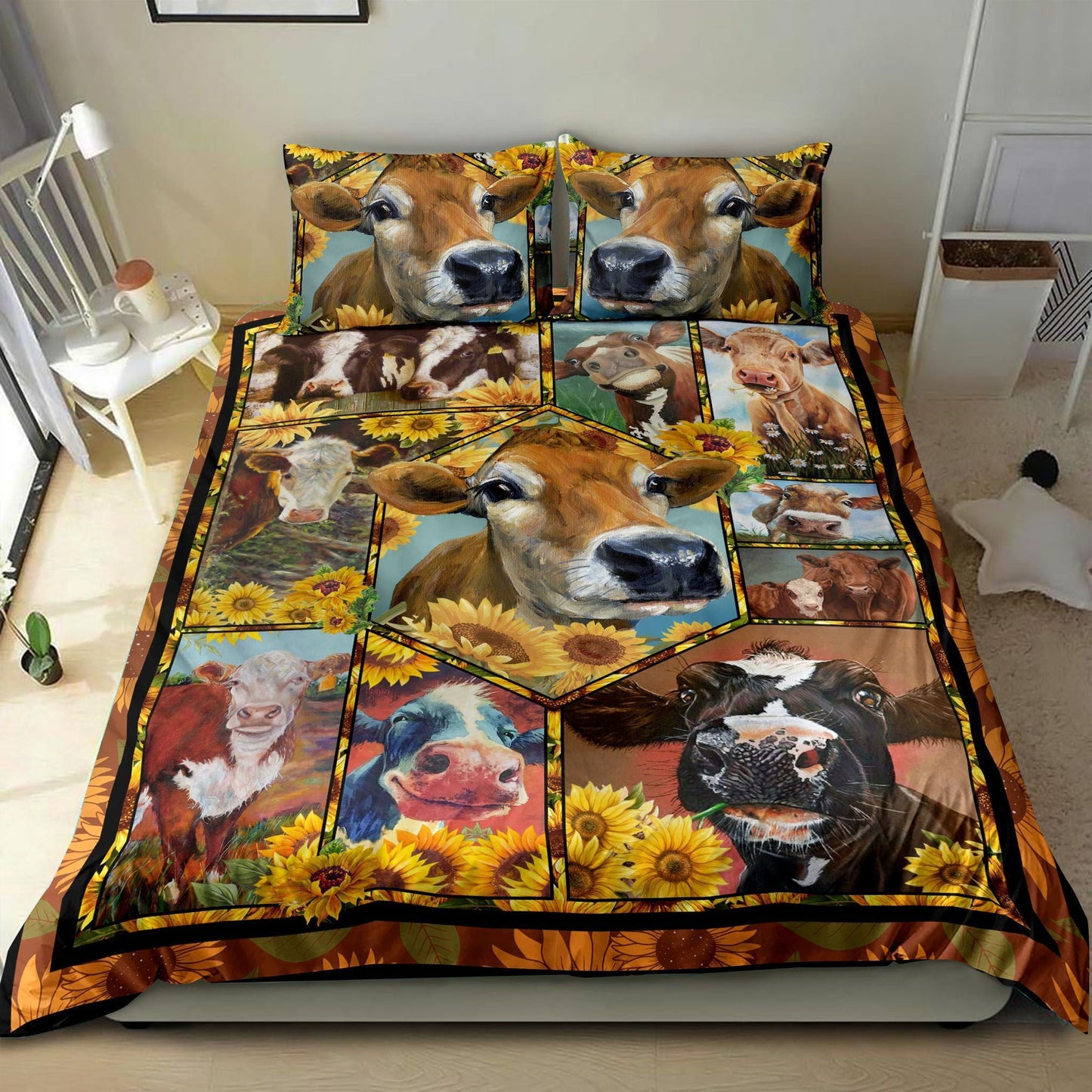 Cow Bedding Set Cow And Sunflower Pattern Duvet Covers Brown Unique Gift