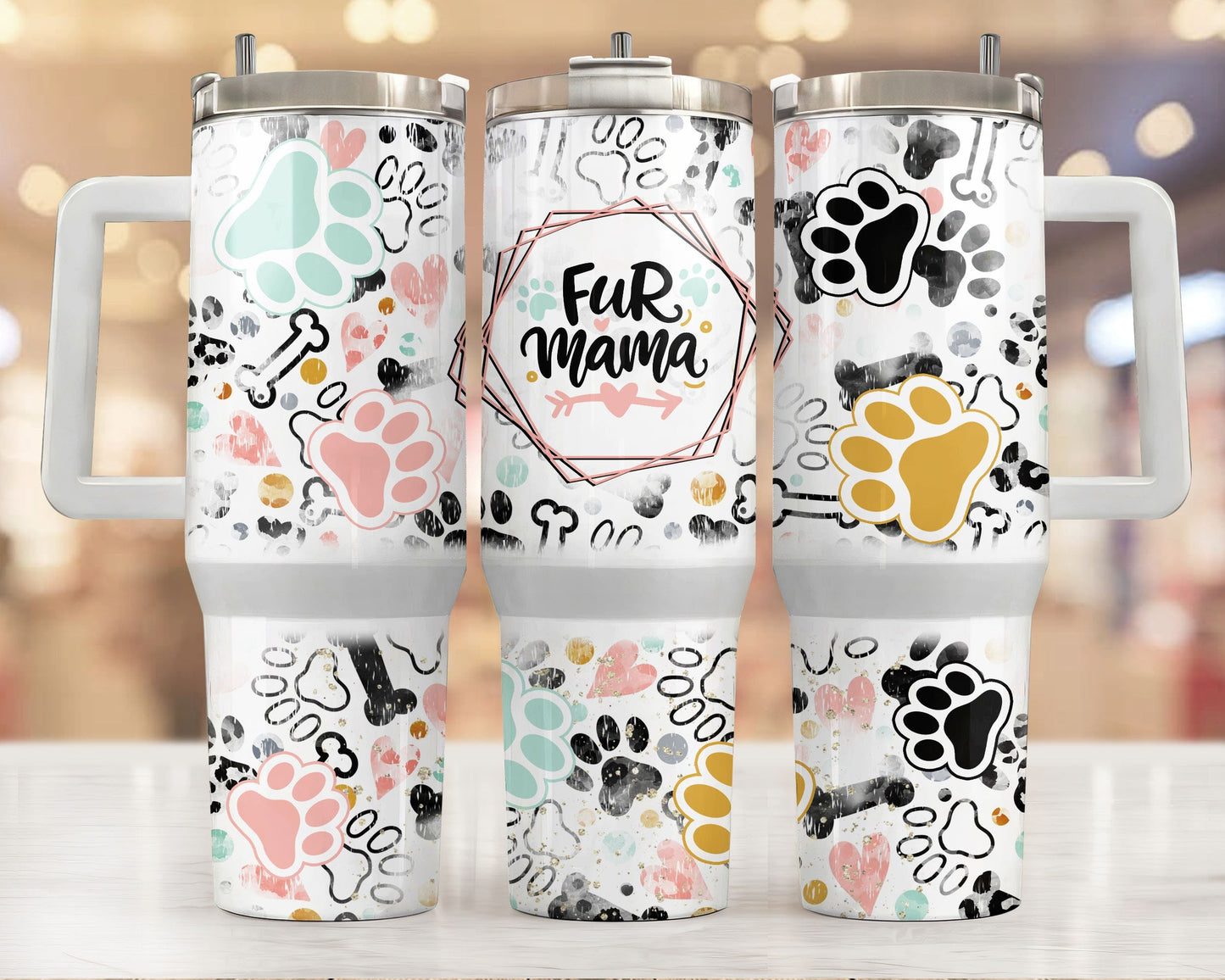 Dog 40 Oz Tumbler Fur Mama Pawprint Bones Pattern Tumbler 40 Oz Black White