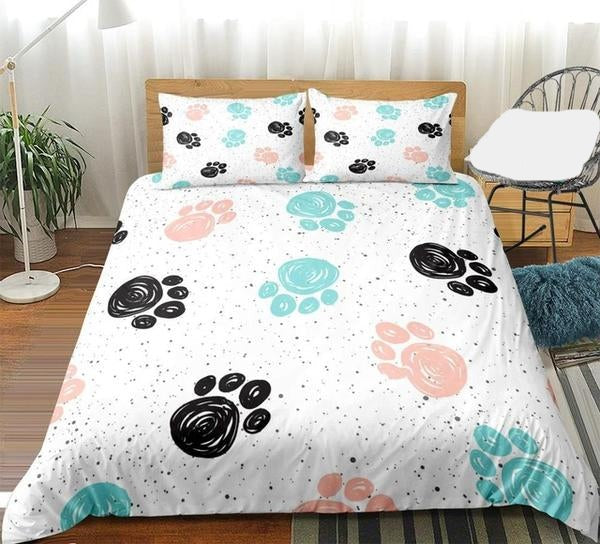 Dog Bedding Set Cute Dog Drawn Paw Print Duvet Covers White Unique Gift