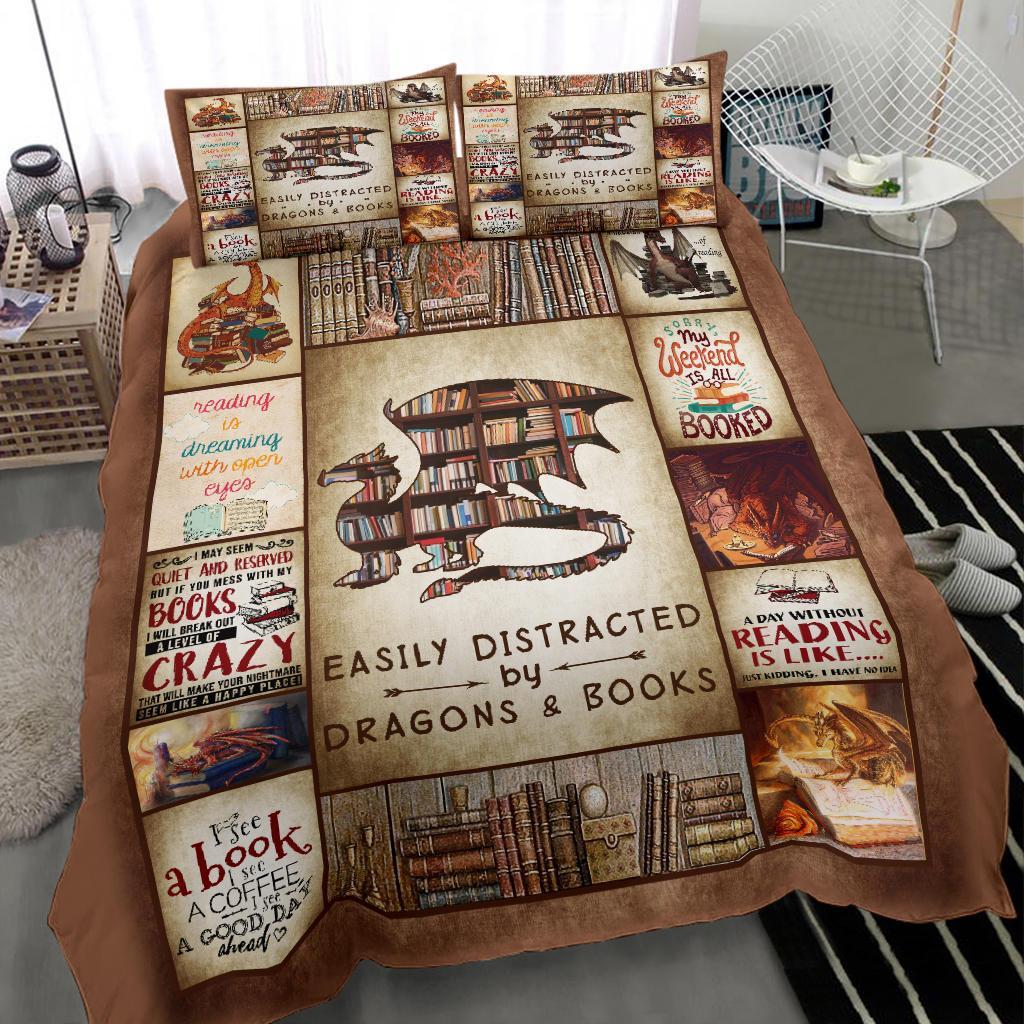 Book Bedding Set Easily Distracted By Books And Dragons Duvet Covers Brown Unique Gift