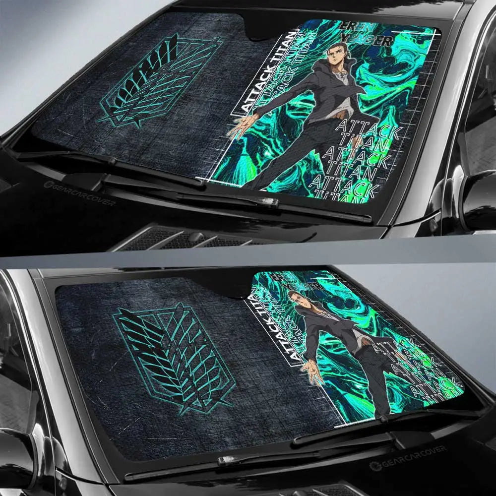 Attack On Titan Car Sun Shade Eren Yeager Scouting Legion Symbol Winshield Sun Shade Black Green