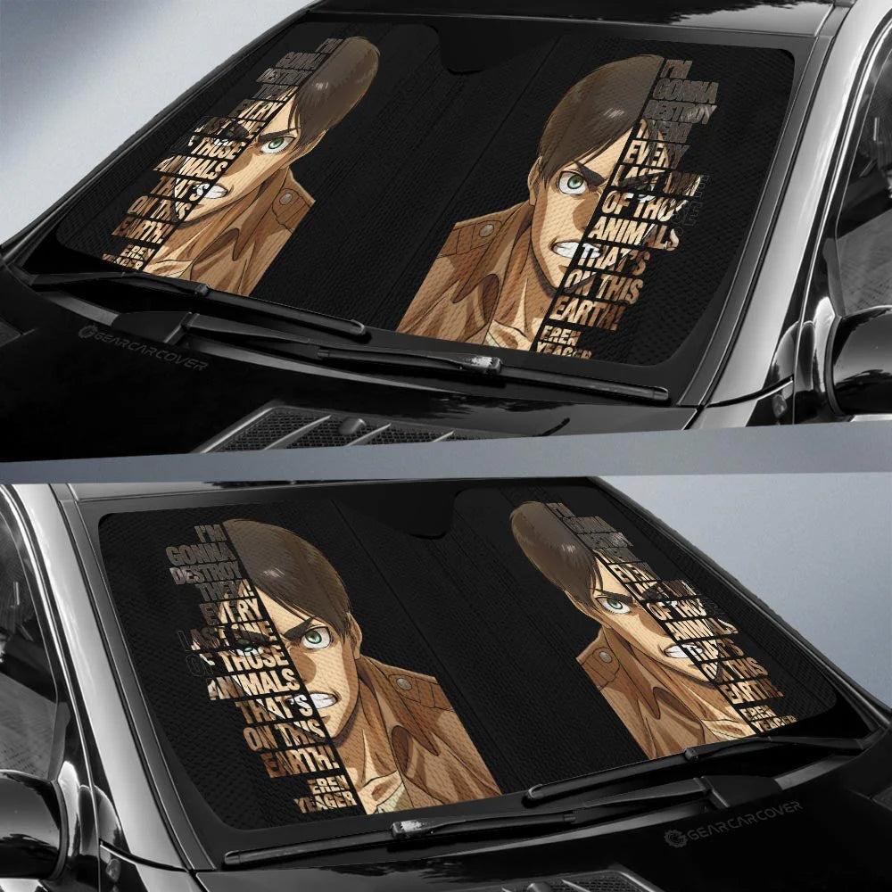 Attack On Titan Car Sun Shade Eren Yeager Quotes Pattern Winshield Sun Shade Black Brown