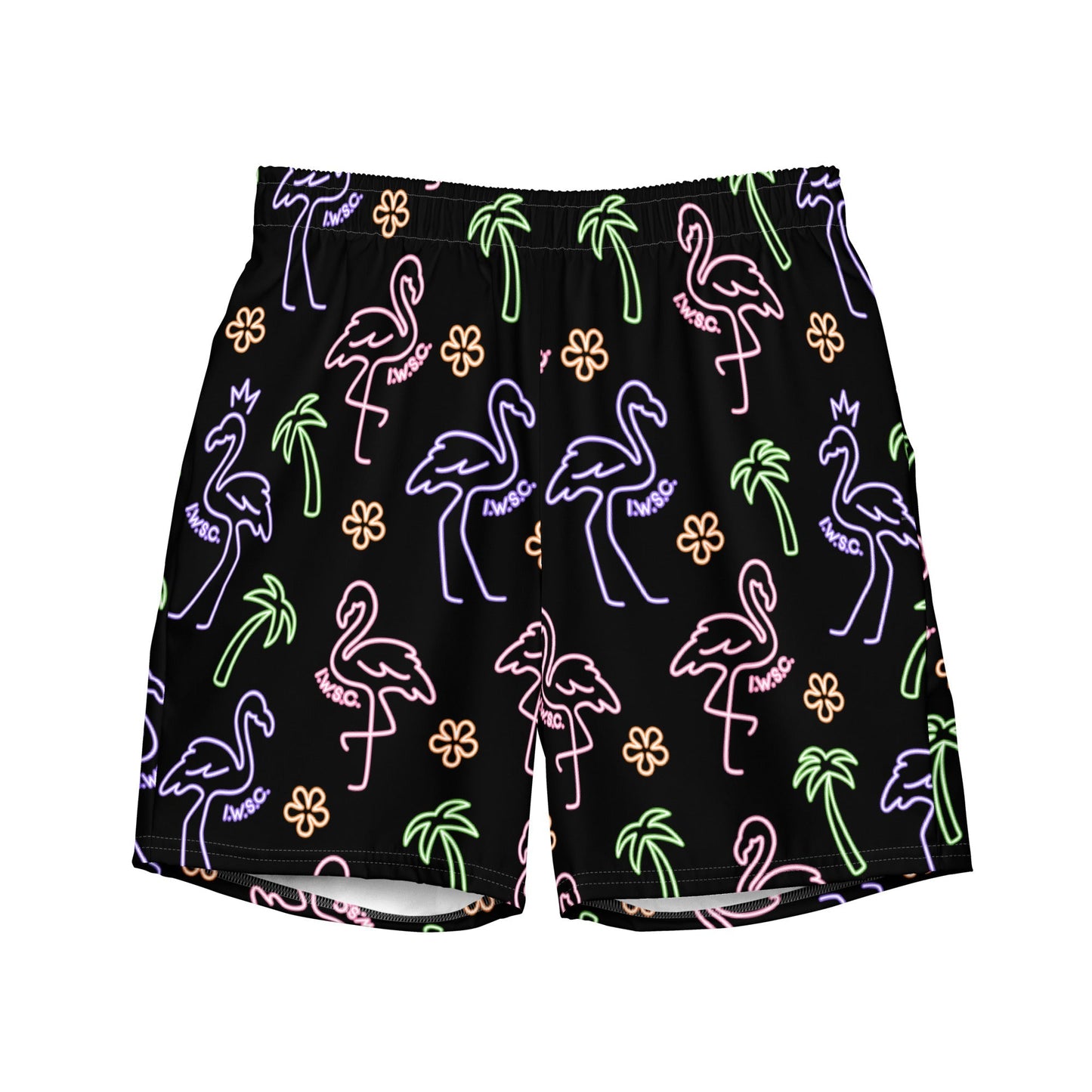 Flamingo Shorts Neon Light Flamingo Palm Tree Beach Shorts Black