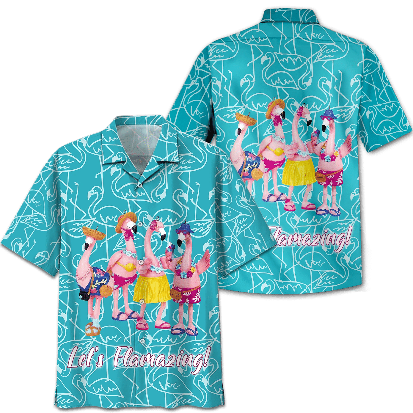 Flamingo Hawaii Shirt Let’s Flamazing Tropical Pattern Hawaiian Shirt Pink Blue Unisex