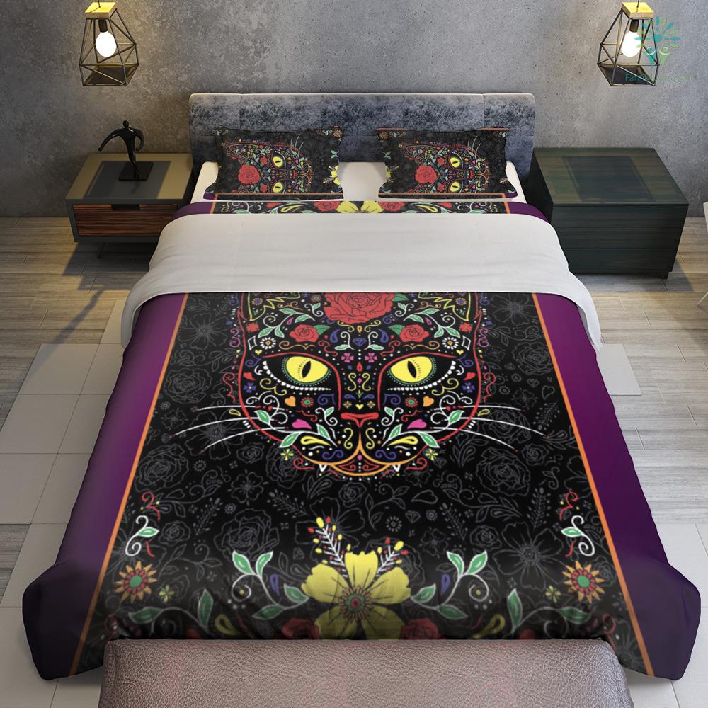 Cat Bedding Set Floral Sugar Cat Flower Pattern Duvet Covers Black Unique Gift