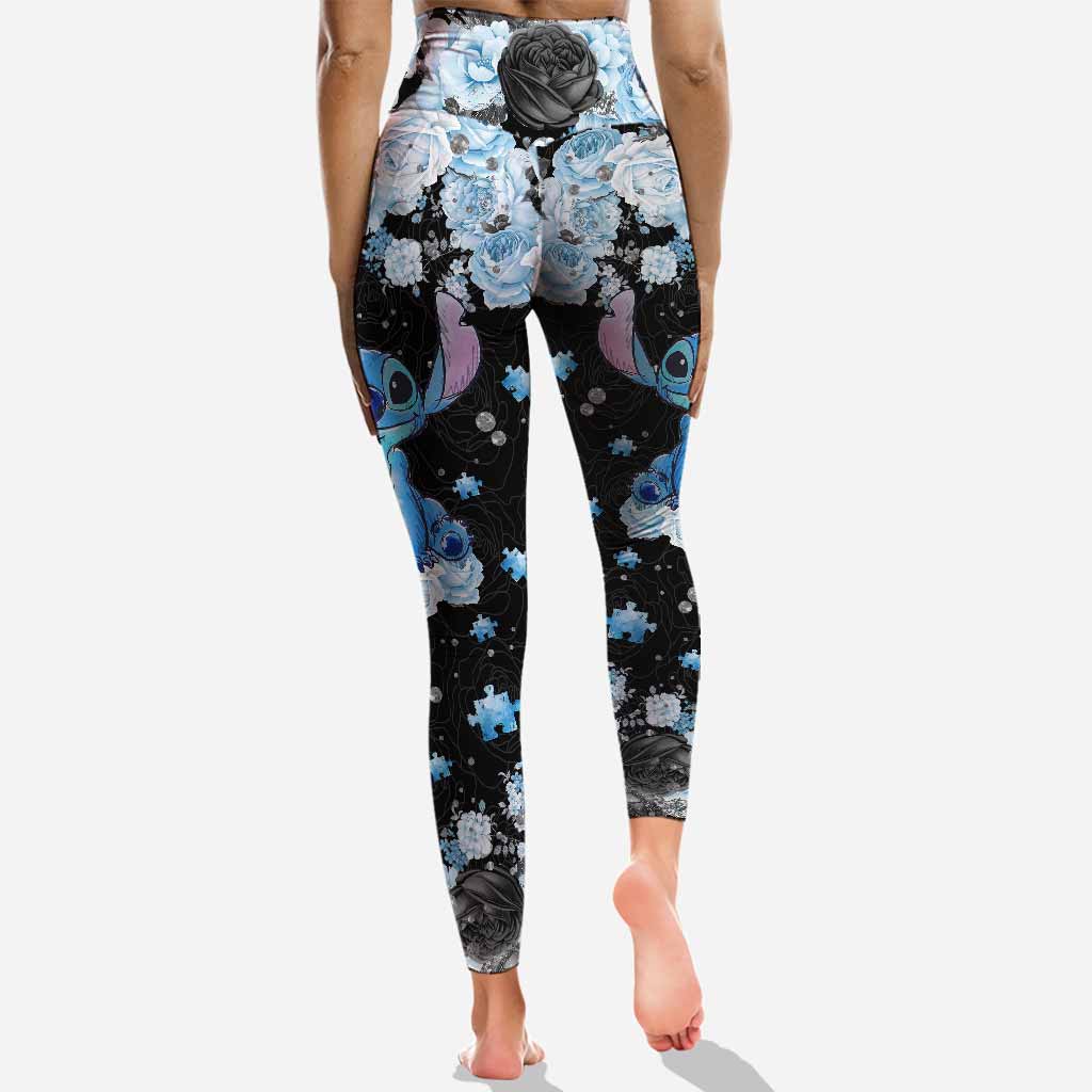 Stitch Leggings Stitch Puzzle Pieces Rose Pattern High Waisted Legging Black Blue For Women