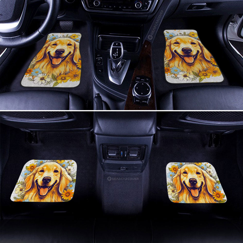 Dog Car Floor Mats Happy Smiling Face Golden Retriever Dog With Flower Car Mats